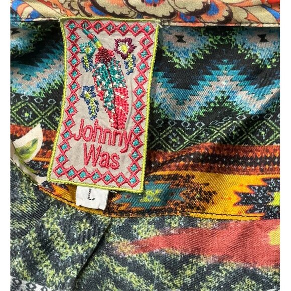 Johnny Was  silk Long sleeve, chevron/herringbone pattern, floral, teal, tunic - Picture 4 of 5